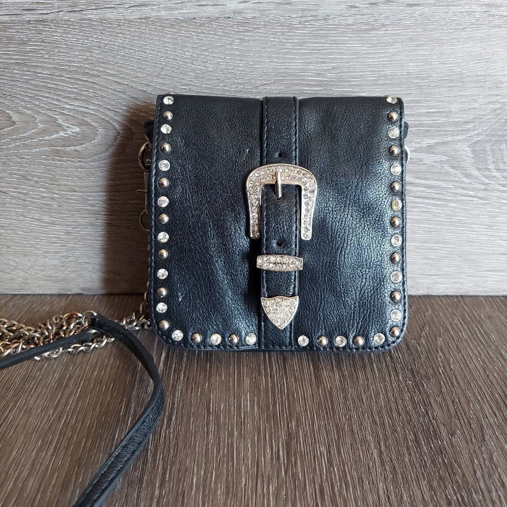 Women's Belt Buckle Rhinestone Chain Crossbody Bag, Black Leather